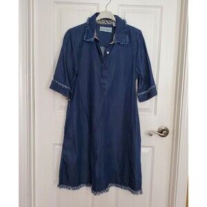 Dizzy Lizzie Chatham Denim Blue Animal Print Shirt Dress SMALL